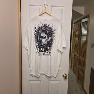 DOM Day of the Moon Men 3XL White Graphic T-Shirt Day of the Dead Girl Roses New